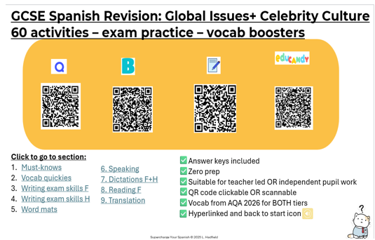GCSE Spanish Revision-  60 activities: "Environment + Celebrity culture"