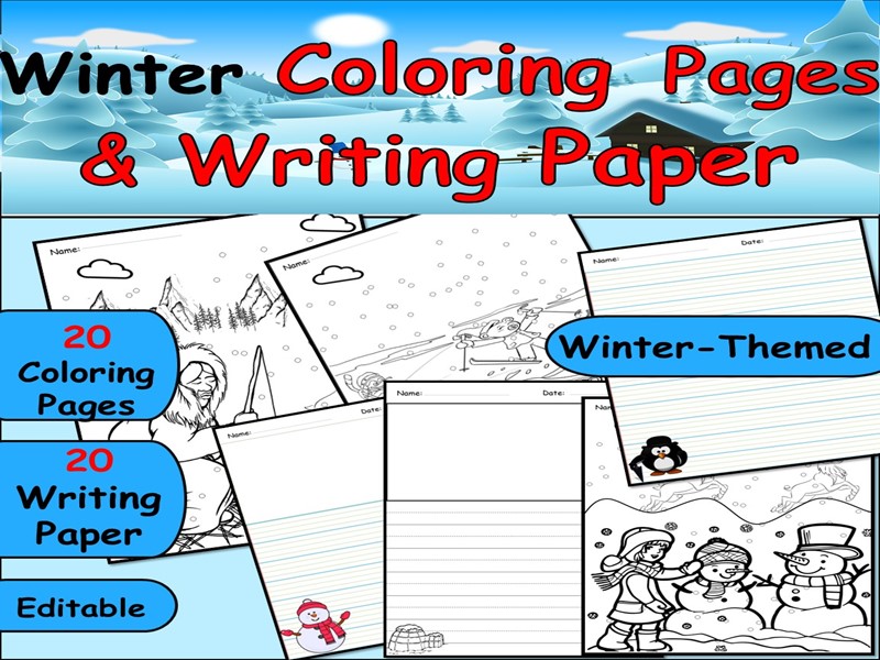 Winter Coloring Pages & Writing Paper Pack | 20 Coloring Sheets + 20 Writing Templates (KS1-KS2)
