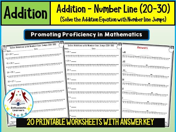 Solve the Addition Equation by Using Number Line Addition Jumps (Numbers 20–30) Worksheets Math Prob