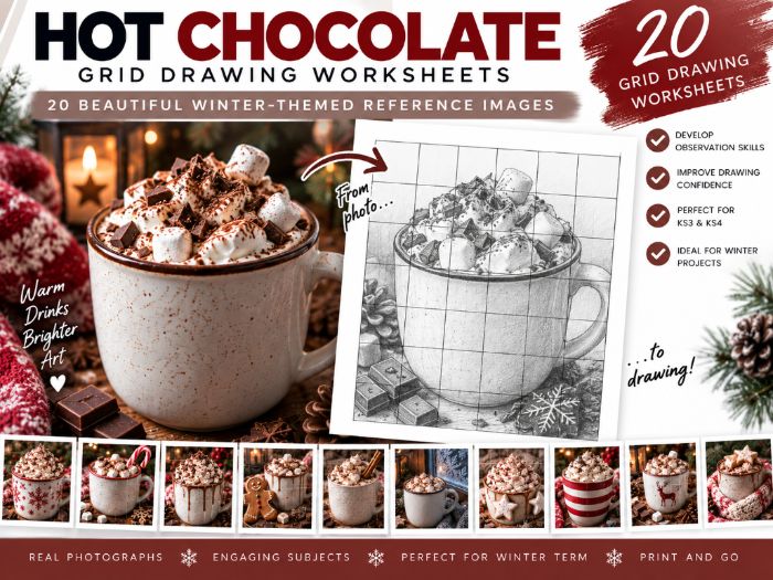 Hot Chocolate Grid Drawing Worksheets | 20 Winter & Christmas Art Activities | KS3 KS4