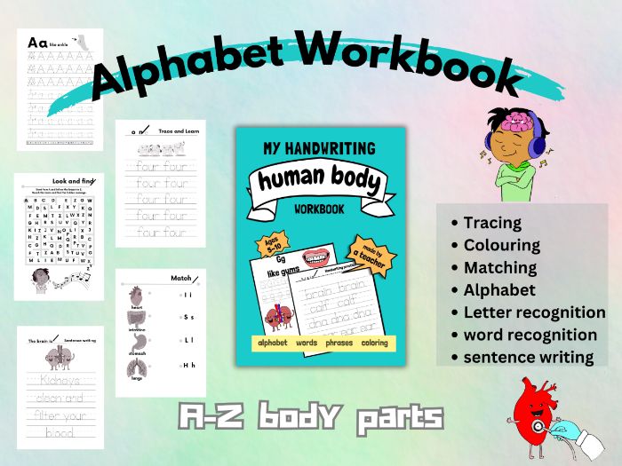 Human Body Handwriting Workbook | Alphabet & ESL Vocabulary | 100+ Pages