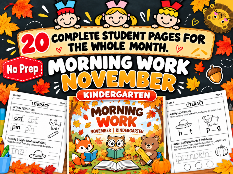 November Morning Work Kindergarten Worksheets — Daily ELA & Math Spiral Review (20 Days)