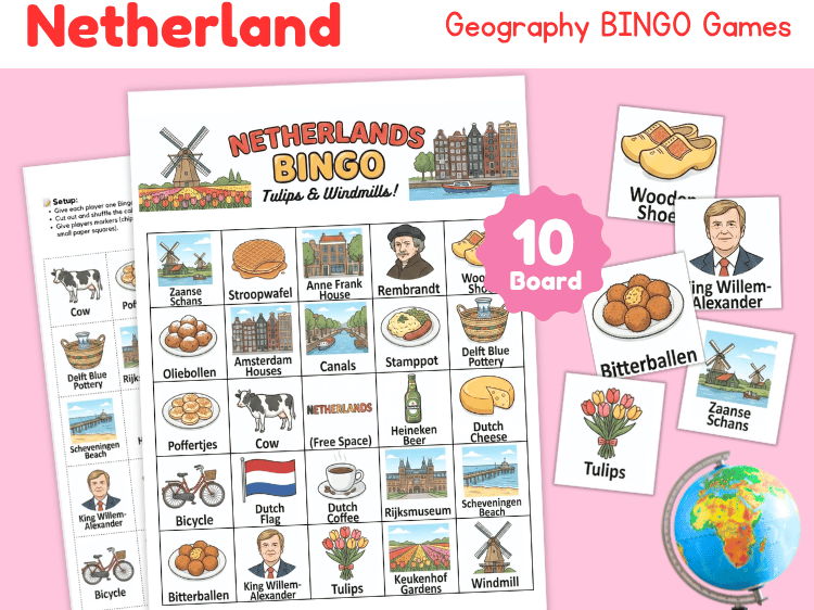 Netherlands Geography Bingo Game | 10 Printable Country Study Boards