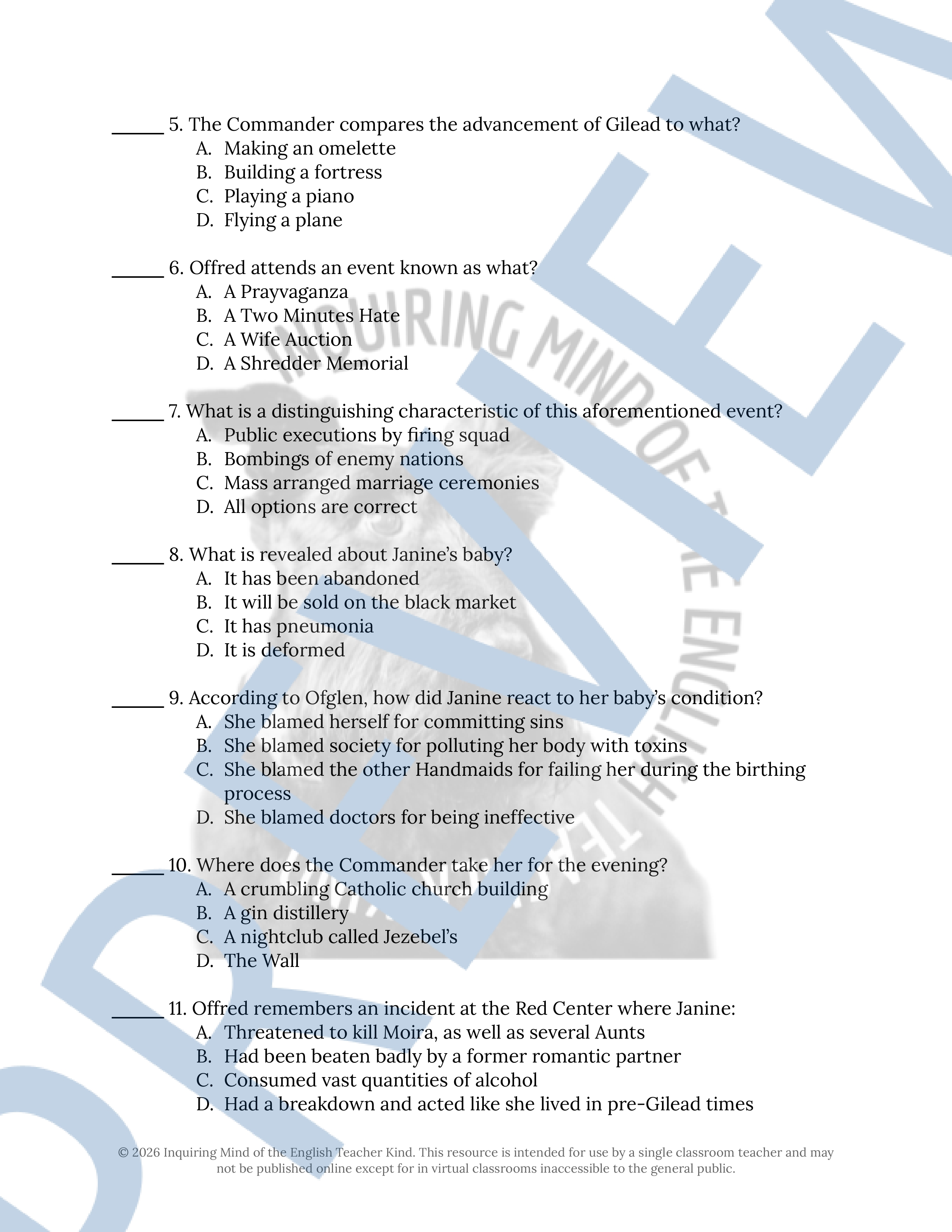The Handmaid's Tale Chapters 31, 32, 33, and 34 Quiz and Answer Key ...
