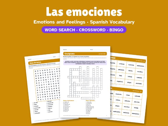 Emotions and Feelings in Spanish: Word Search, Crossword & Bingo