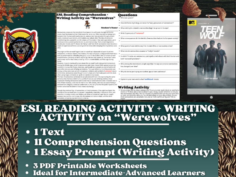 ESL Reading Comprehension + Writing Activity Worksheets on Werewolves