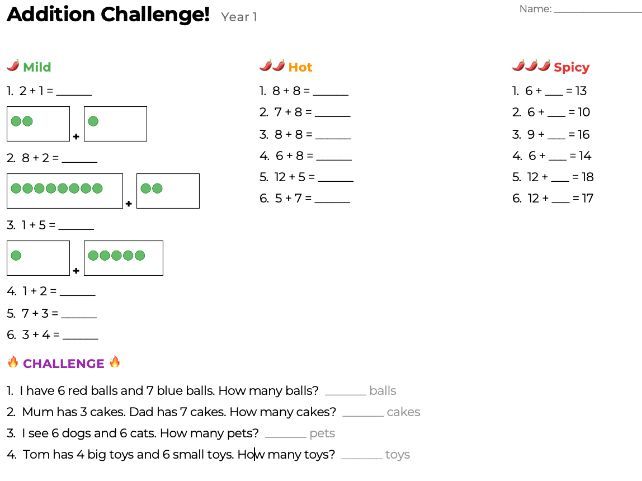 Year 1 Maths Challenge Pack - Addition and Subtraction - 8 Worksheets