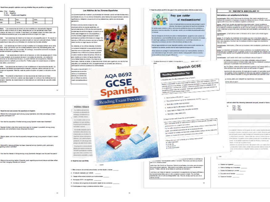 AQA GCSE Spanish Reading Exam Practice booklet 21 exercises + Answers (8692)
