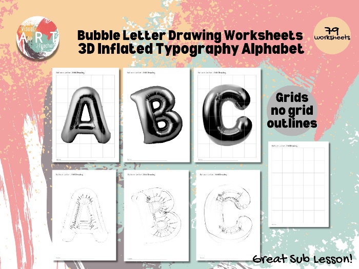 Bubble Letter Drawing Worksheets | 3D Inflated Typography Alphabet | Shading & Form Art Project