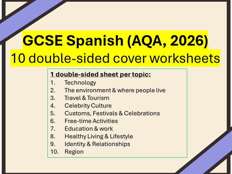 GCSE Spanish: 10 double-sided cover worksheets (10 topics)
