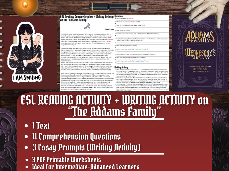 ESL Reading Comprehension + Writing Activity Worksheets on the Addams Family