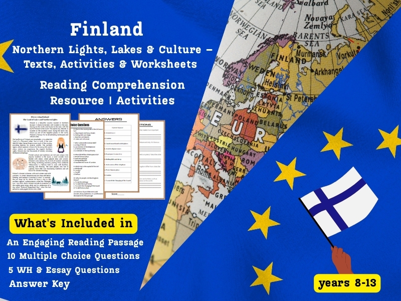 Finland Reading Comprehension Pack: Northern Lights, Lakes & Culture – Activities & Worksheets