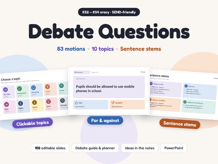 Debate Questions: (KS2–KS4 Oracy) - 83 Motions with Sentence Stems & Planner