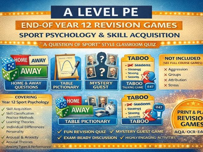 A Level PE End of Year 12 Revision Games Sport Psychology & Skill Acquisition