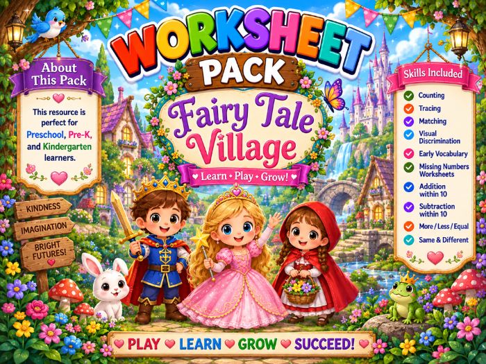 Fairy Tale Village Worksheets | Preschool Math, Counting, Tracing & Matching | Pre-K Kindergarten