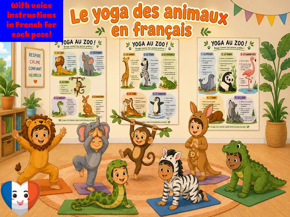 Le yoga des animaux en français | Les animaux du zoo | French zoo animals | yoga activity