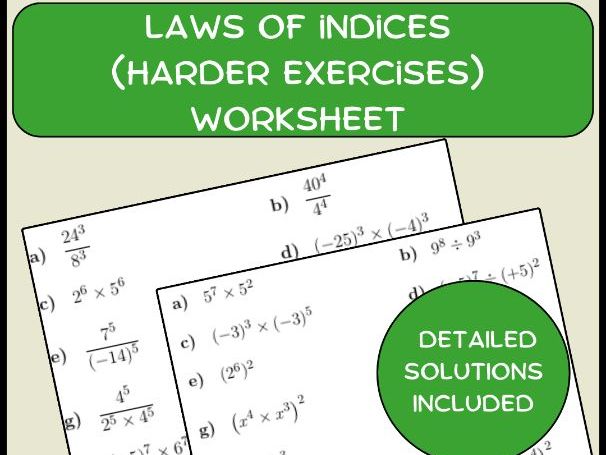 Laws of indices (harder exercises) worksheet (with solutions)
