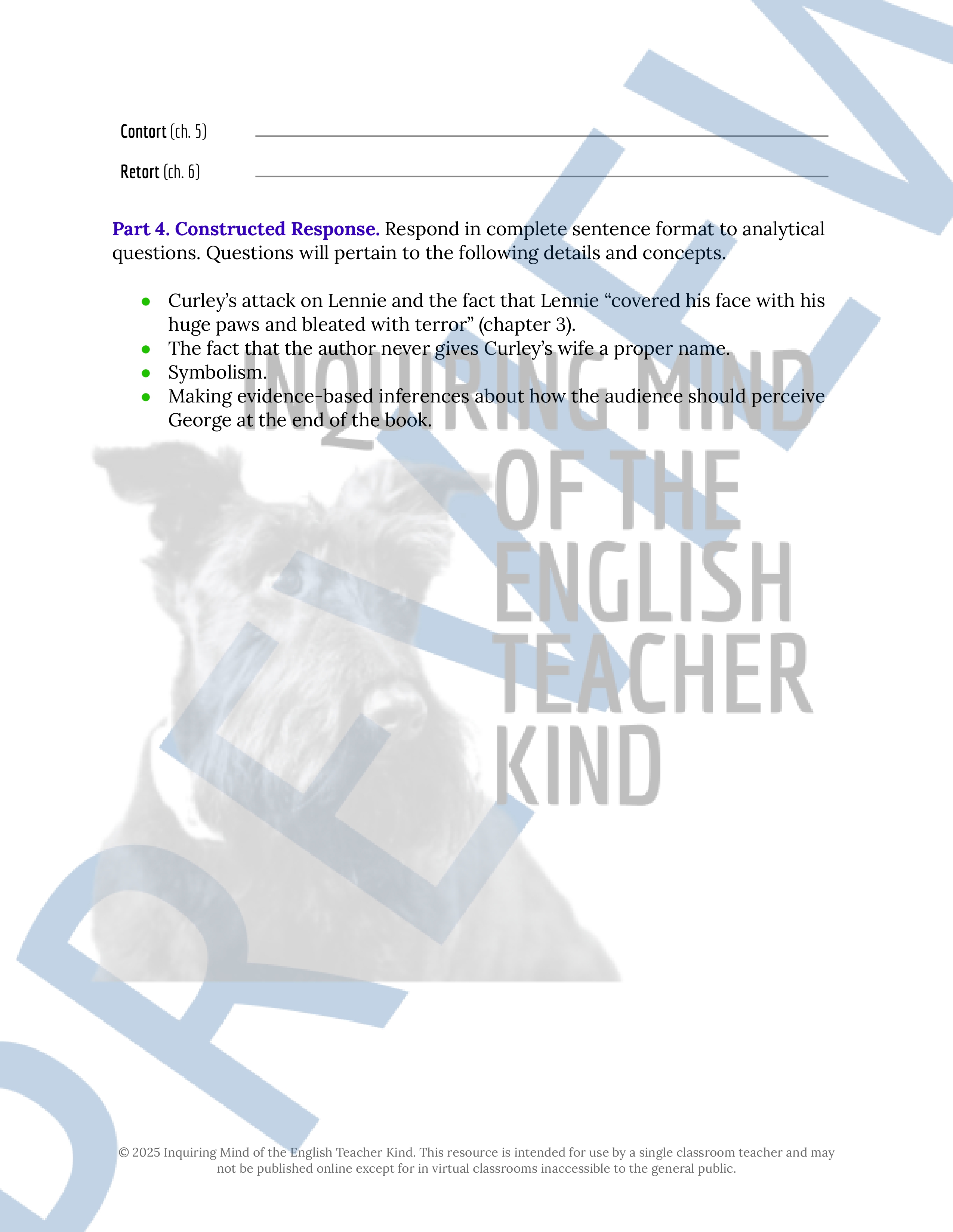 Of Mice and Men by John Steinbeck Test, Answer Key, and Study Guide ...