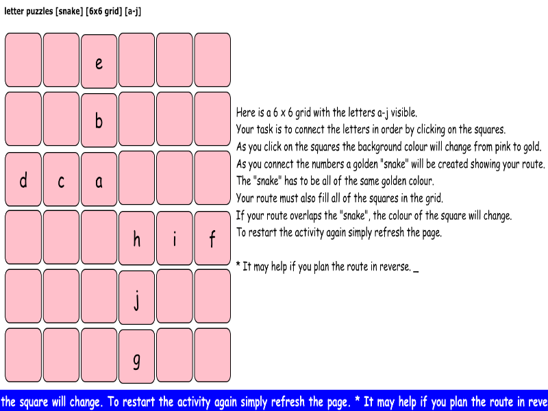 letter puzzles [snake] [6x6 grid] [a-j] [1]