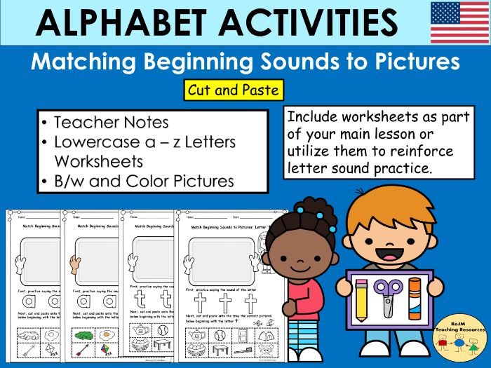 Alphabet Match Initial Beginning Letter Sounds to Pictures Worksheets US