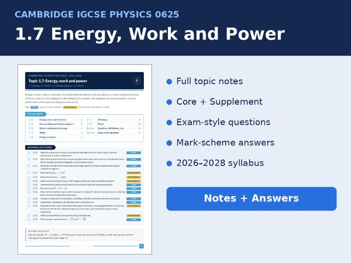 IGCSE Physics 0625 1.7 Energy, Work and Power Notes