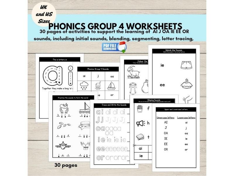 Phonics Worksheets: ai, j, oa, ie, ee & or Sounds, Early Reading Skills