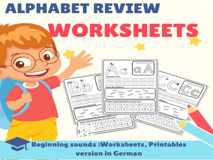 Alphabet Review : Beginning Letter sounds, Worksheets, Printables Version in German