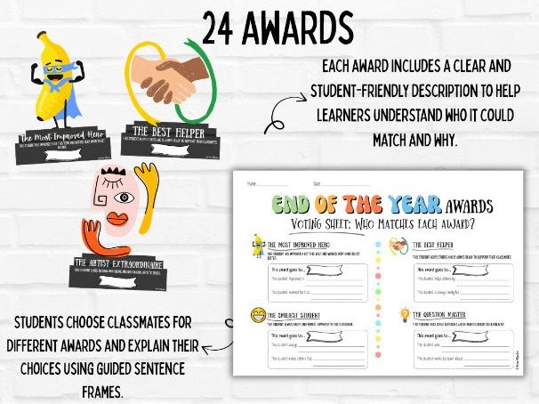 End of Year Classroom Awards with Student Reflection | ESL Speaking and Writing Activity
