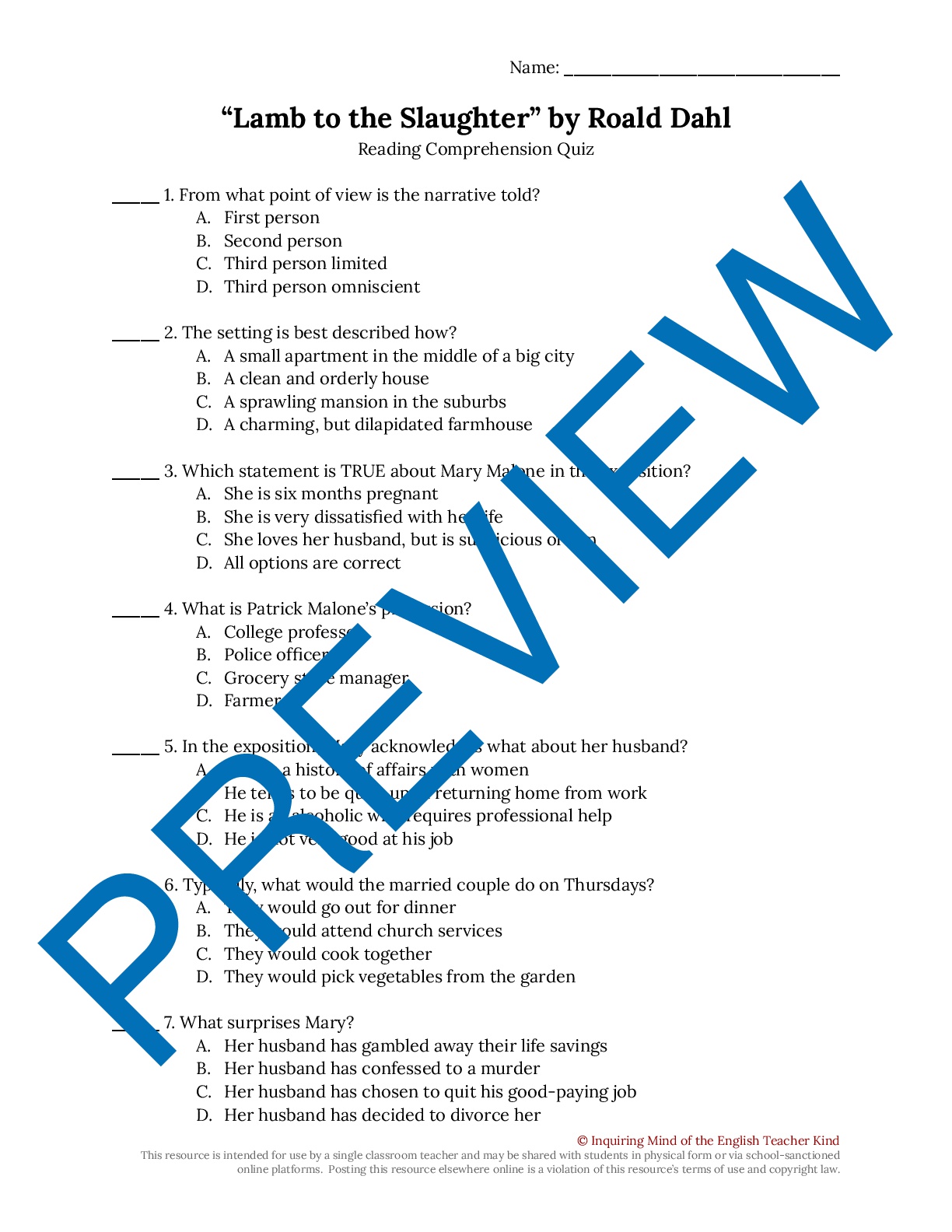 "Lamb to the Slaughter" by Roald Dahl Quiz Teaching Resources