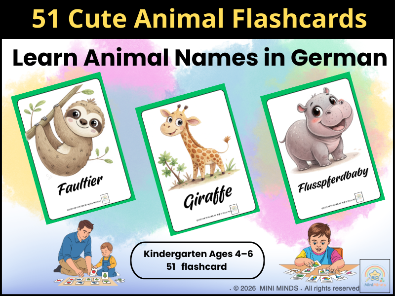German Animal Flashcards for Kids (52 Cards)