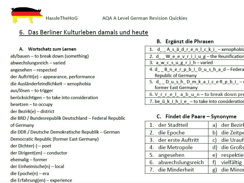 AQA A Level German - Vocabulary Worksheets for Themes 1 and 2