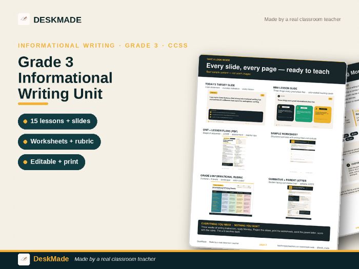 Grade 3 Informational Writing Complete Unit | 15 Lessons + 140 Slides + Worksheets + Rubric