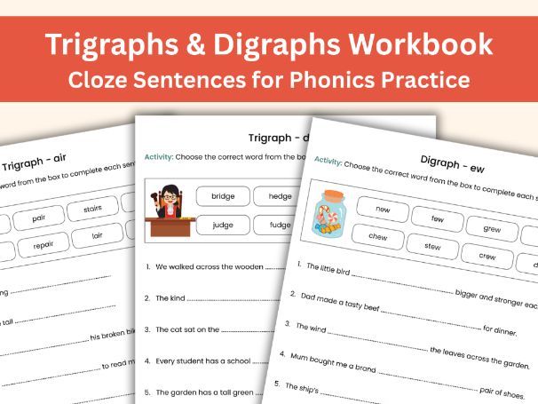 Trigraphs & Digraphs Cloze Worksheets | Phase 5 Phonics for Kids Aged 5-7