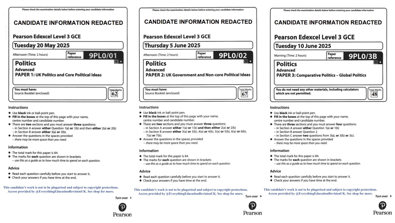 *BUNDLE* A-Level Edexcel Politics 2025 Series Papers 1-3B Copy of Scripts with A* Candidate Model Answers