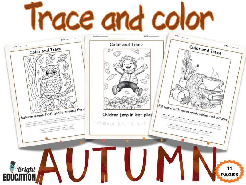Autumn Color and Trace Worksheets | Fall-Themed Handwriting & Coloring Activities