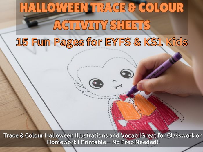 No Prep Halloween Tracing Worksheets KS1 | 15 Fun Pages of Drawing & Vocabulary Practice for Kids