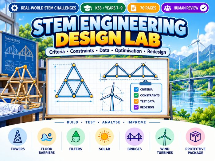 STEM Engineering Design Lab | KS3 Years 7–9 | 70 Pages | Engineering Challenges & Problem-Solving