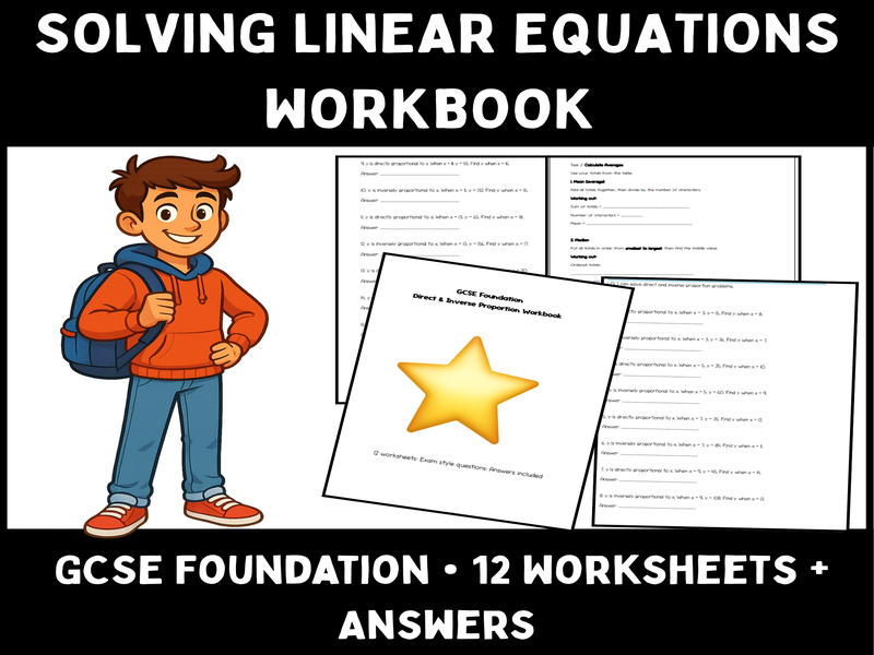 Solving Linear Equations Workbook | GCSE Foundation Maths | 12 Worksheets + Answers | One-Step & Two