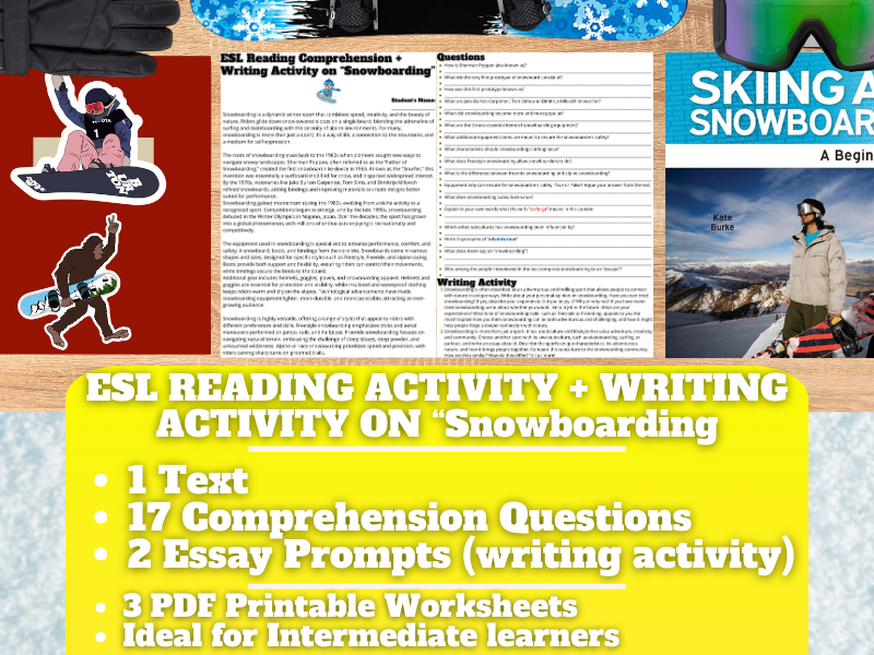ESL Reading Comprehension + Writing Activity Worksheets on "Snowboarding"