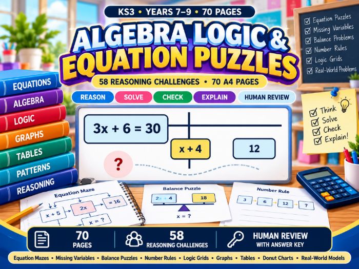 Algebra Logic & Equation Puzzle Lab – KS3 Maths – 70 Pages