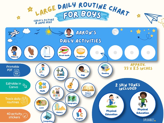 Personalised Large Daily Routine Chart For Boys Culturally Diverse Stickers Daily Chores Organise