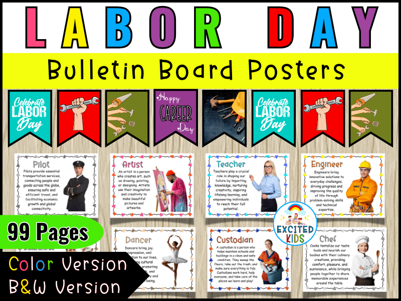 Labor Day Bulletin Board Posters: Community Helpers Jobs, Career Week, September