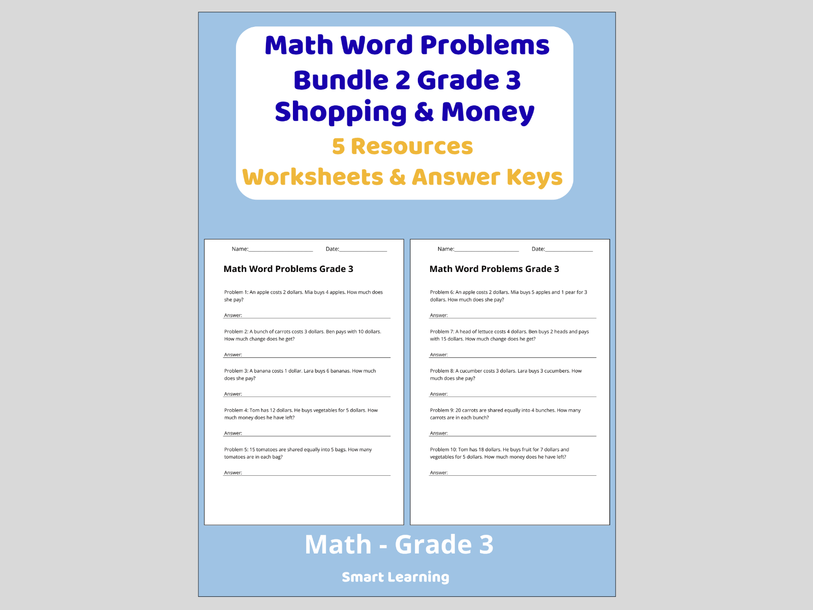 Math Word Problems Bundle Money Grade 3 | 5 Resources | Worksheets & Answer Keys