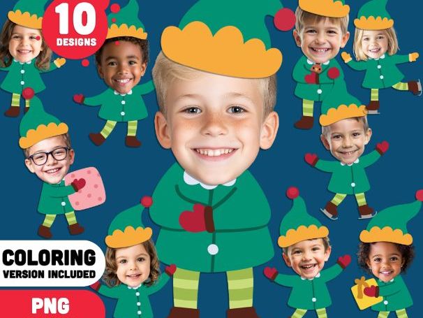 Elf Templates, Christmas Face Craft, Printable PDF + PNG, Colouring Version Included