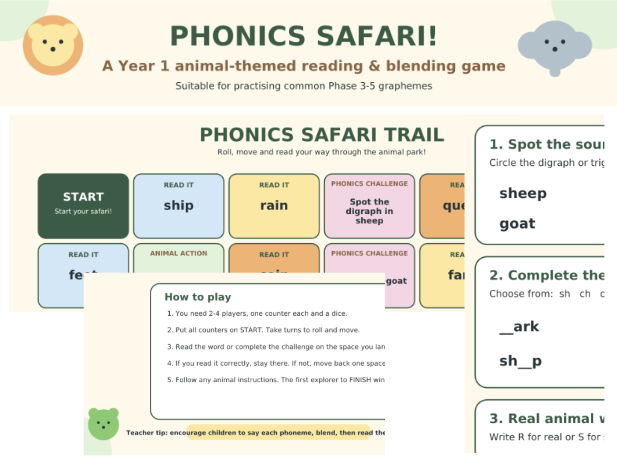 Phonics Safari Game & Worksheet