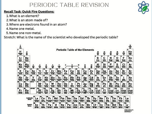 C1- Periodic Table Revision Lesson Worksheet With Answers/GCSE/AQA/Combined Science/Chemistry