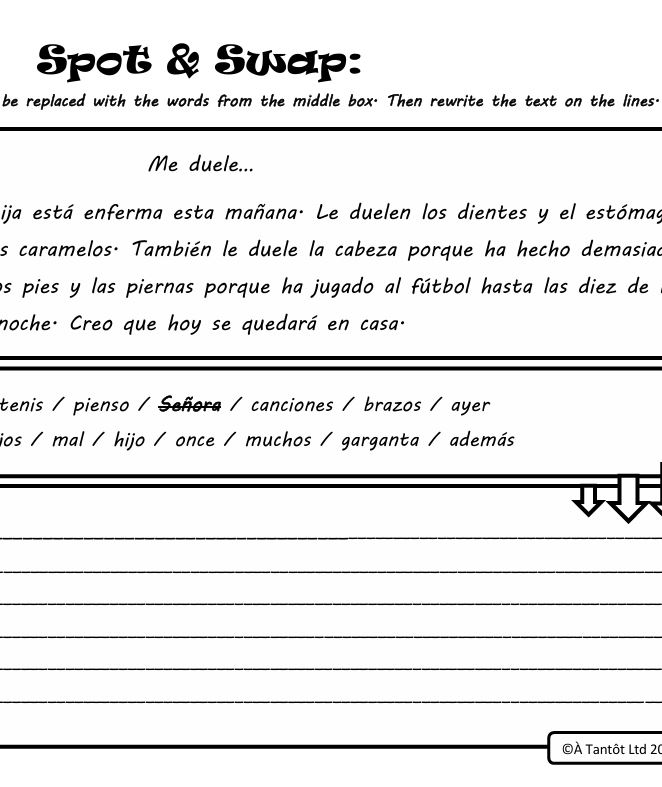Spot and Swap - me duele - illness - Spanish | Teaching Resources