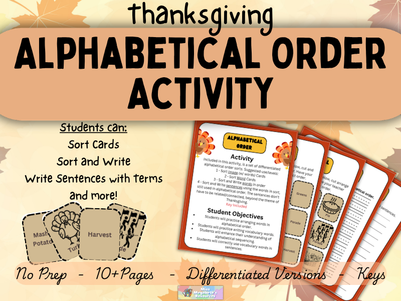 Thanksgiving Alphabetical Order | Differentiated, Printable Activity for K-5