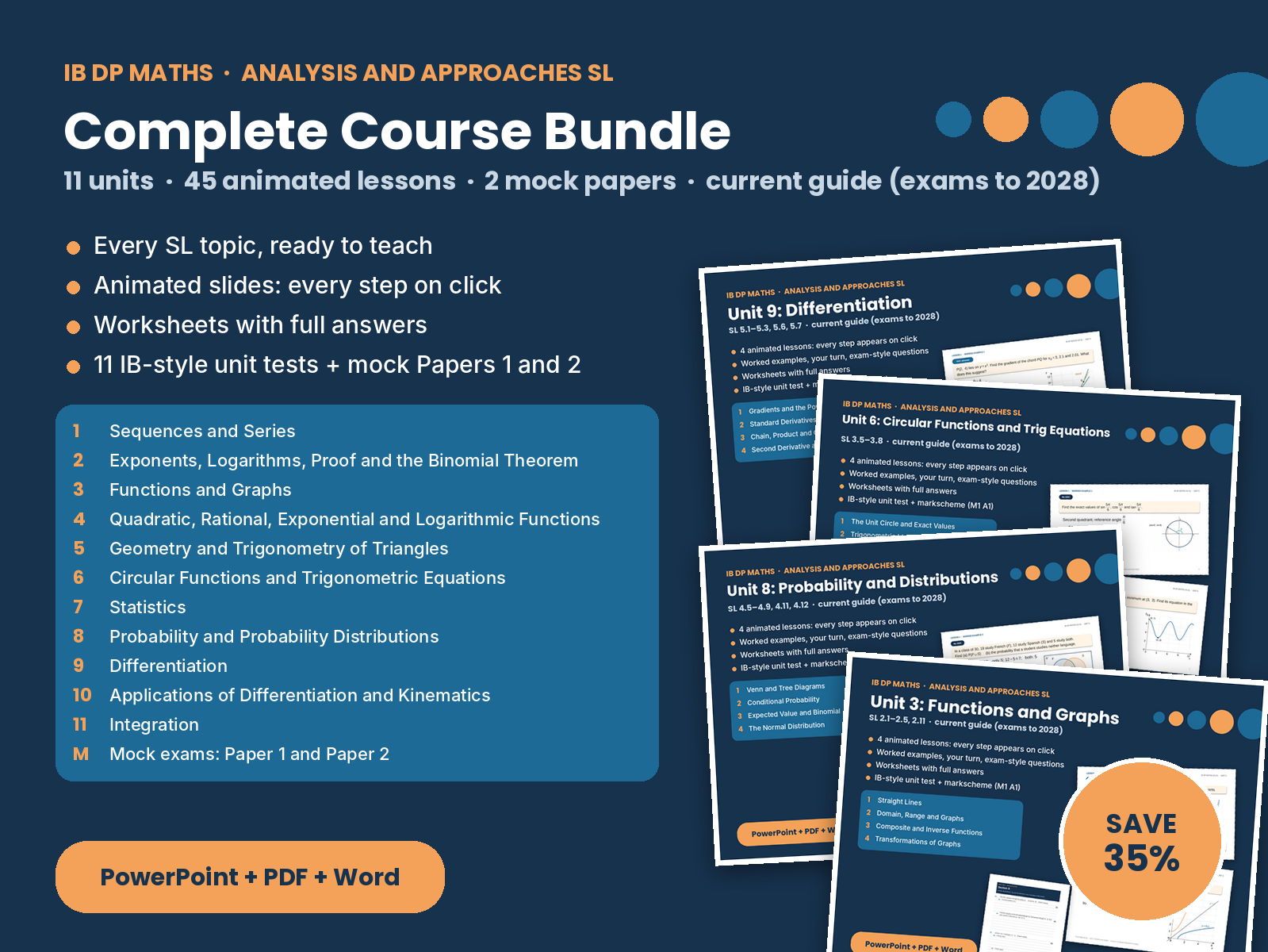 IB Maths AA SL Complete Course Bundle – 11 units, 45 animated lessons, tests and 2 mock papers