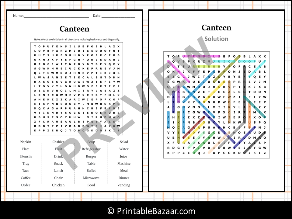 Canteen Word Search Puzzle Worksheet Activity Teaching Resources